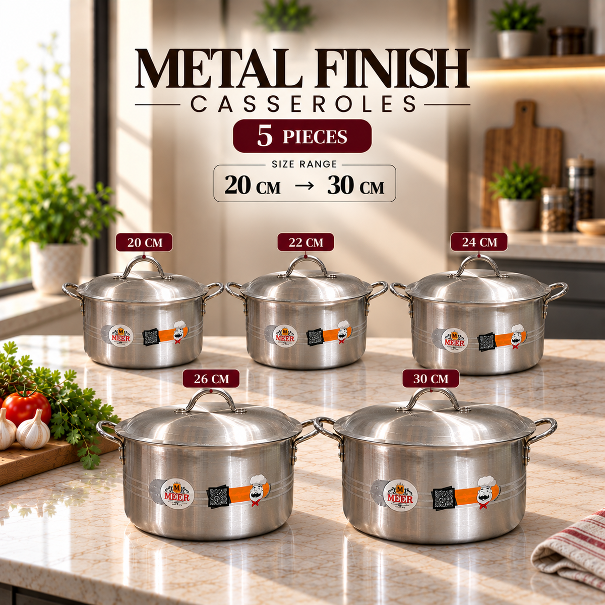 SUPERIOR SET – 5 Pieces Metal Finish Casserole Set