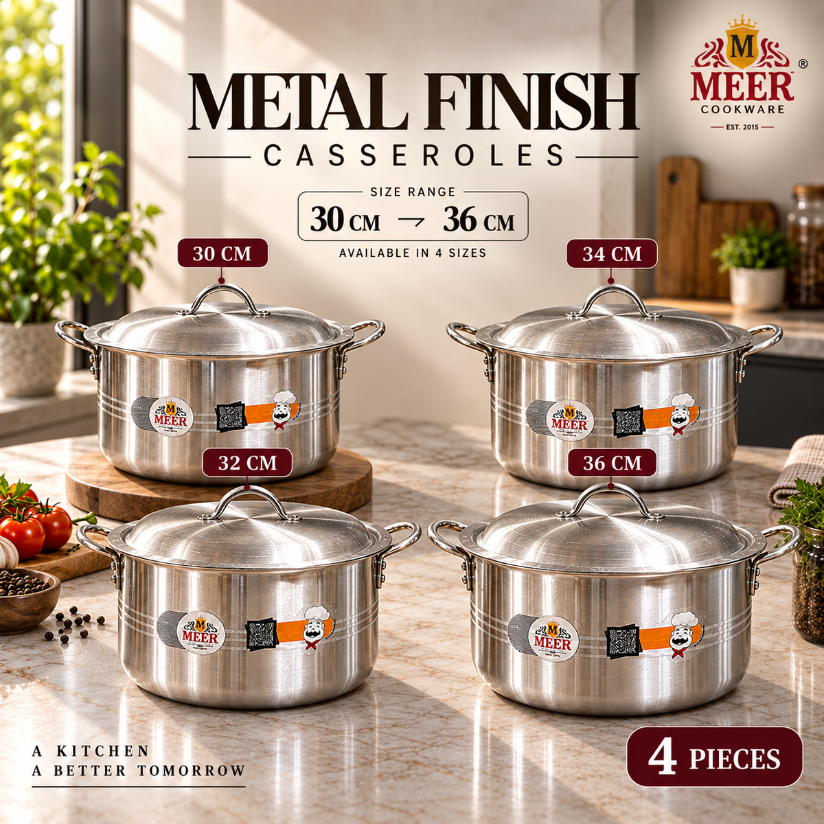 ELEGANT SET – 4 Pieces Metal Finish Casserole Set