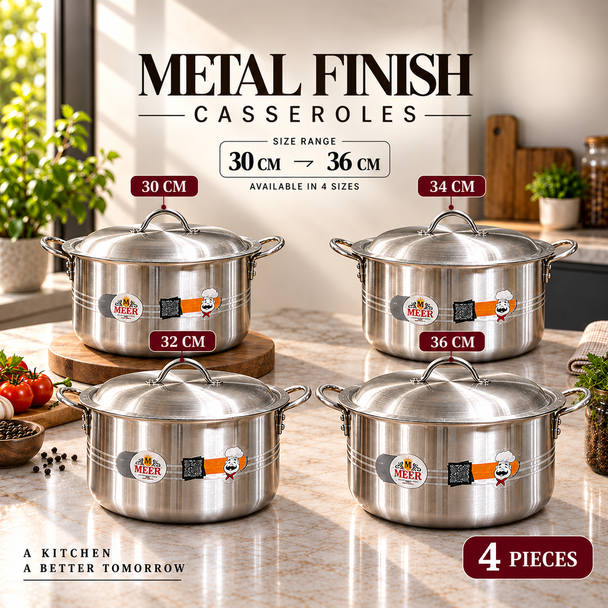 ELEGANT SET – 4 Pieces Metal Finish Casserole Set